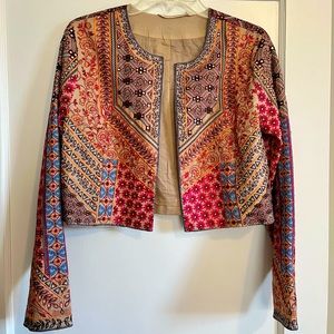Soft Surroundings Livia Floral Embroidered Cropped Bolero Jacket - Tan/Multi